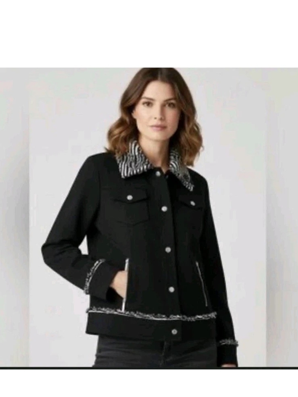 Chico’s Faux Fur Zebra Trim Black Snap Button Jacket Womens Size 0 US Small